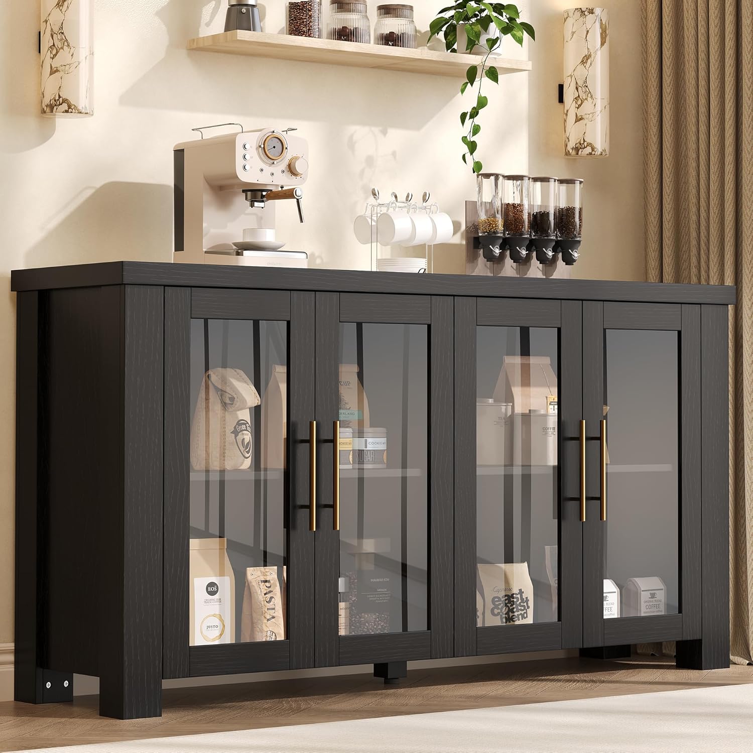 IDEALHOUSE Modern 59" Buffet Cabinet with Tempered Glass Panel Doors