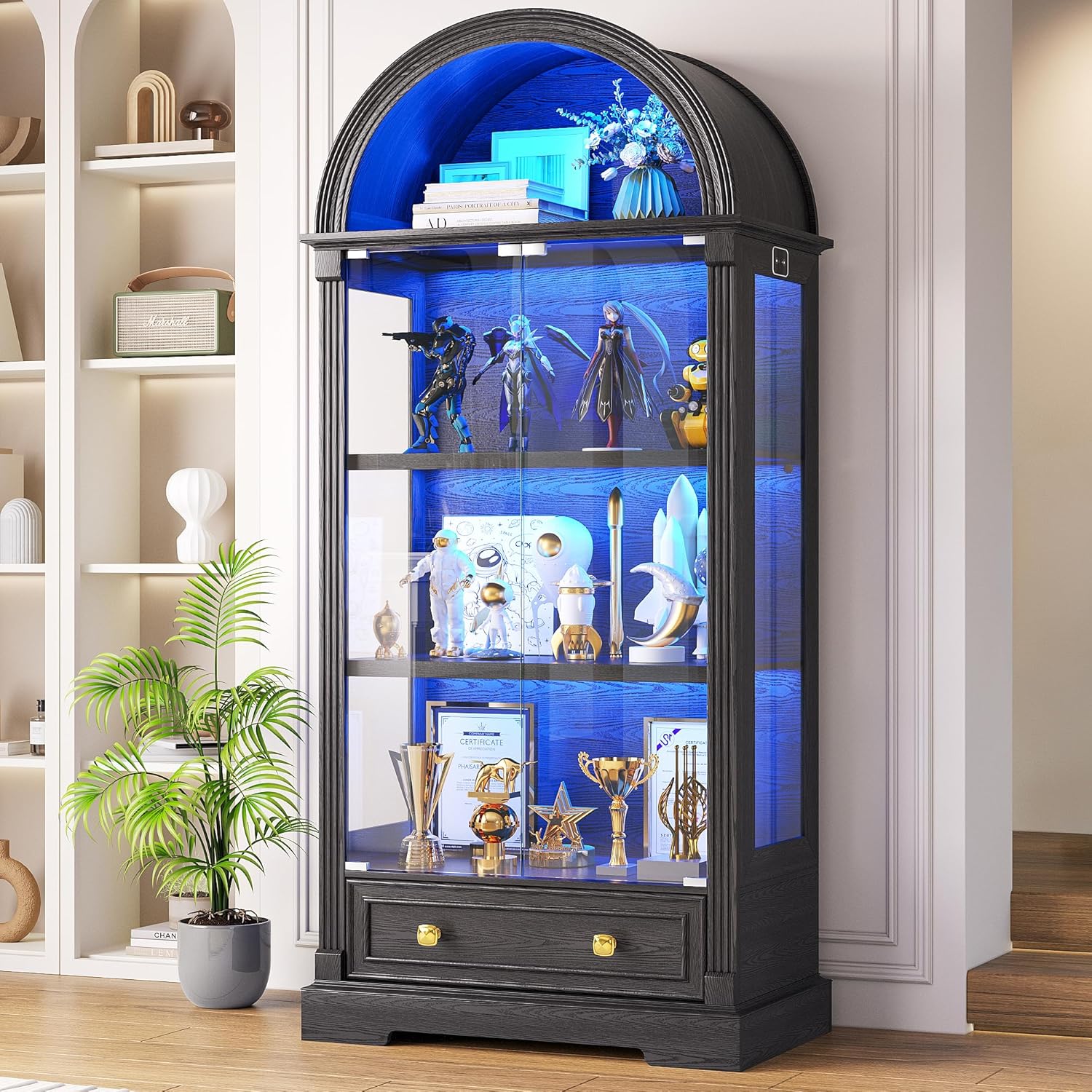 Black 72-Inch Arched Curio Cabinet with Glass Doors and Human Sensor Lights