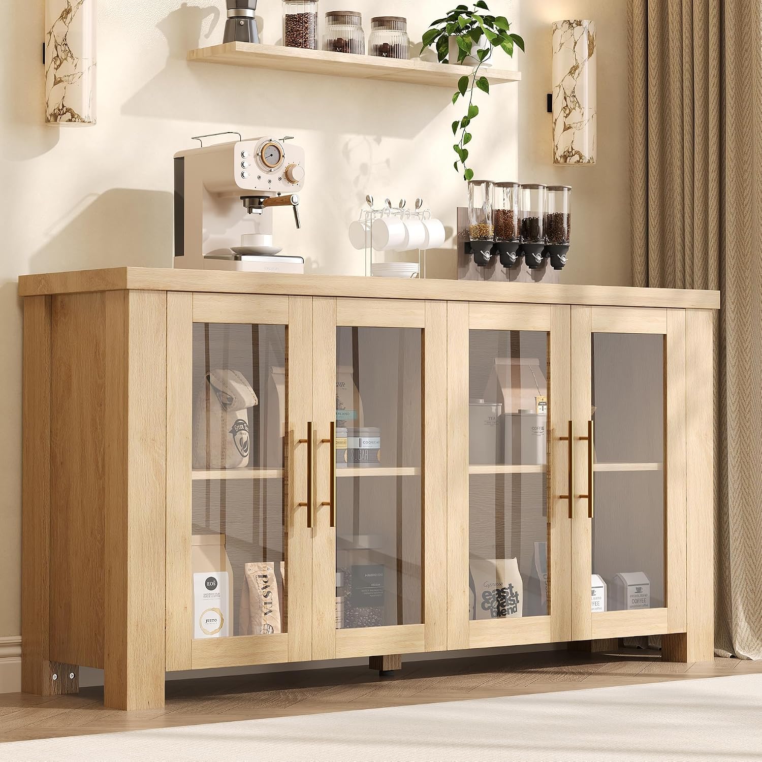 59" Natural Buffet Cabinet with Storage and Tempered Glass Doors