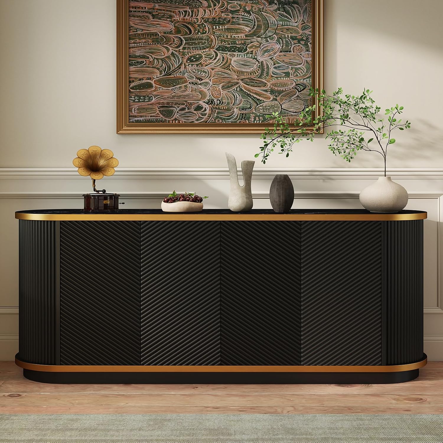 Black Mid-Century Modern Sideboard Buffet Cabinet with Storage