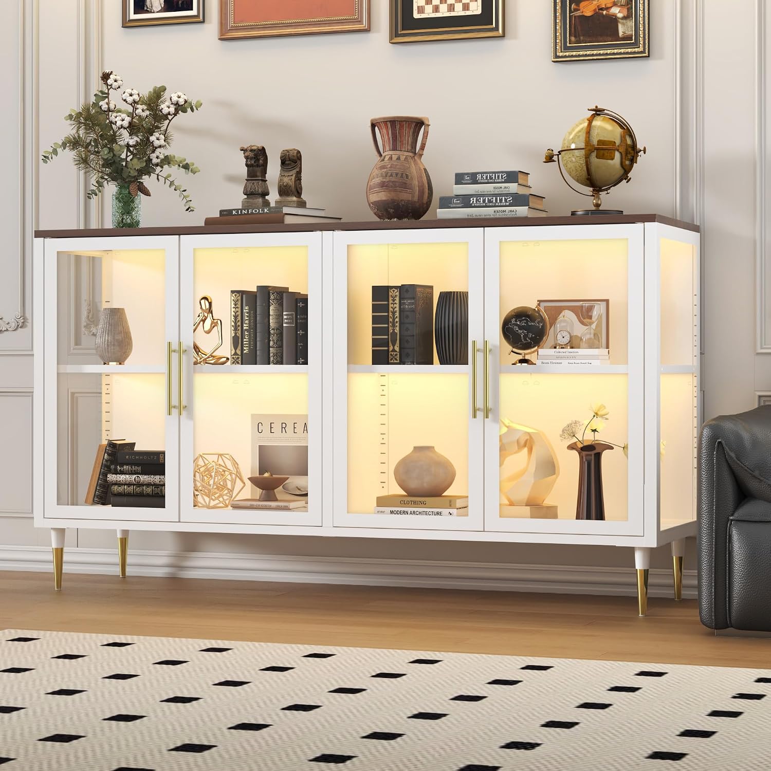 Glass Sideboard Buffet Cabinet with LED Lights, 53-inch Metal & Wood Storage Cabinet with 3 Glass Doors, Adjustable Shelves, Bar Cabinet, White