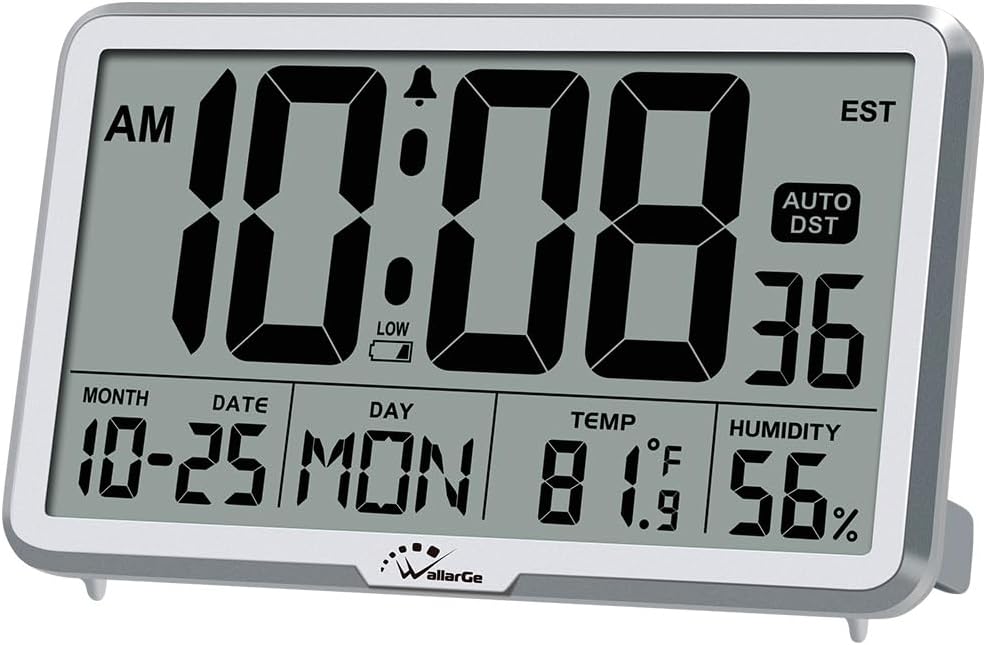 WallarGe Auto-Set Digital Wall Clock, Battery Operated with Auto DST