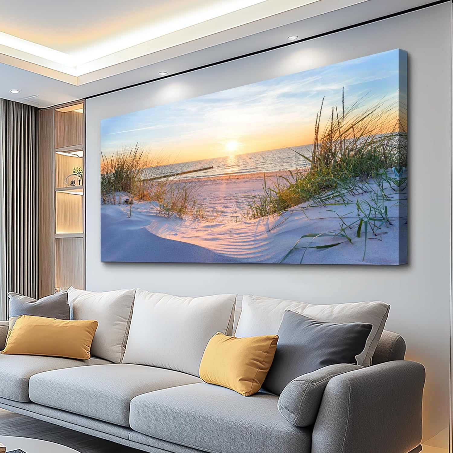 Framed Canvas Wall Art – Blue Sun Beach, Grass and Ocean Landscape Seascape