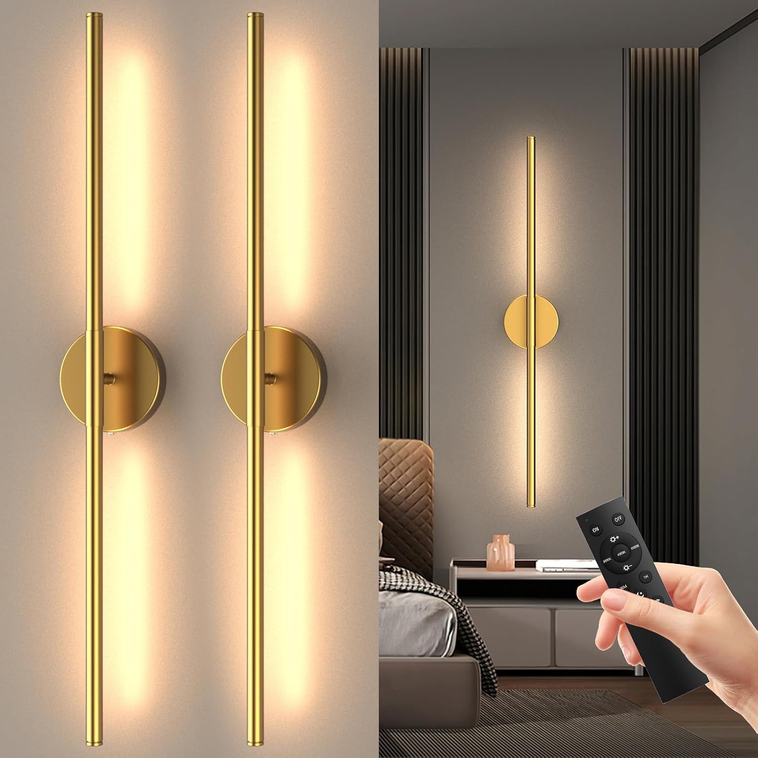 Tartek Rechargeable Battery-Operated Wall Sconces, Set of Two, Remote-Controlled, Dimmable 3000K–6000K LED, 360° Rotating