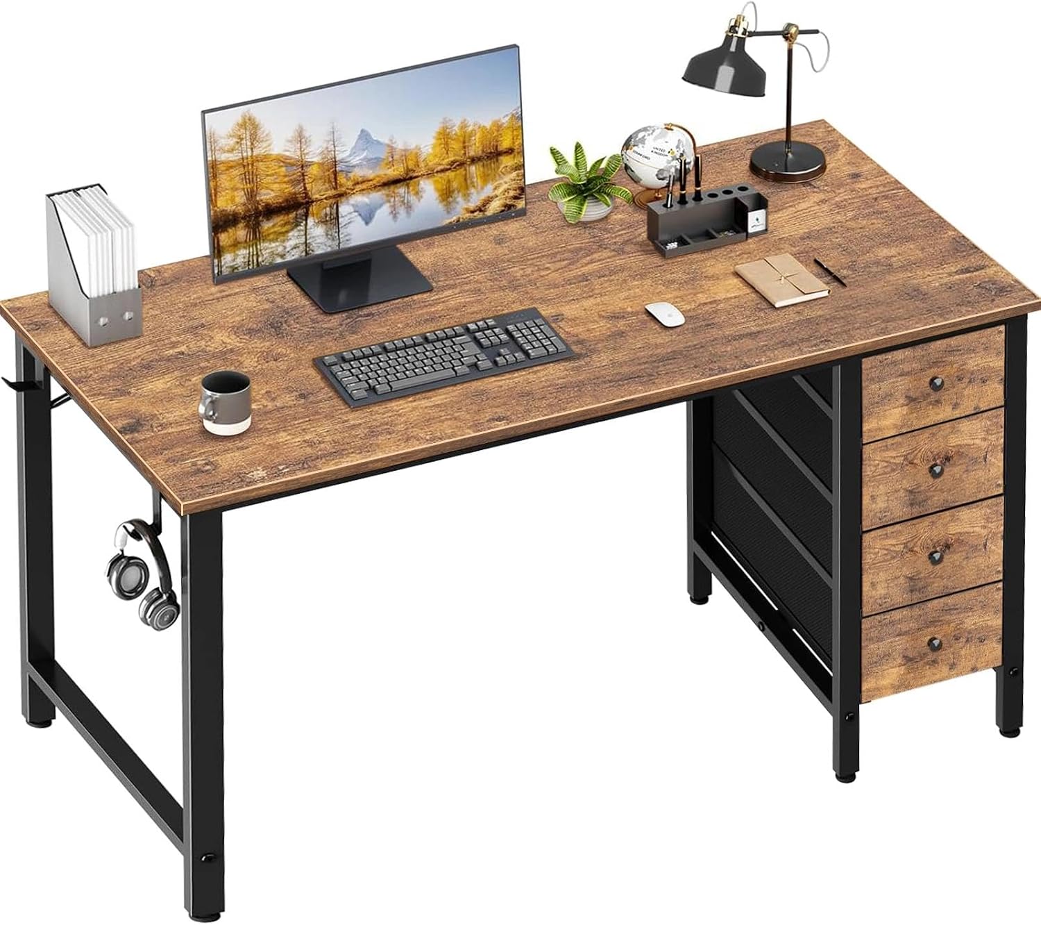 Lufeiya 55-Inch Computer Desk with Drawers, Reversible, Rustic Brown