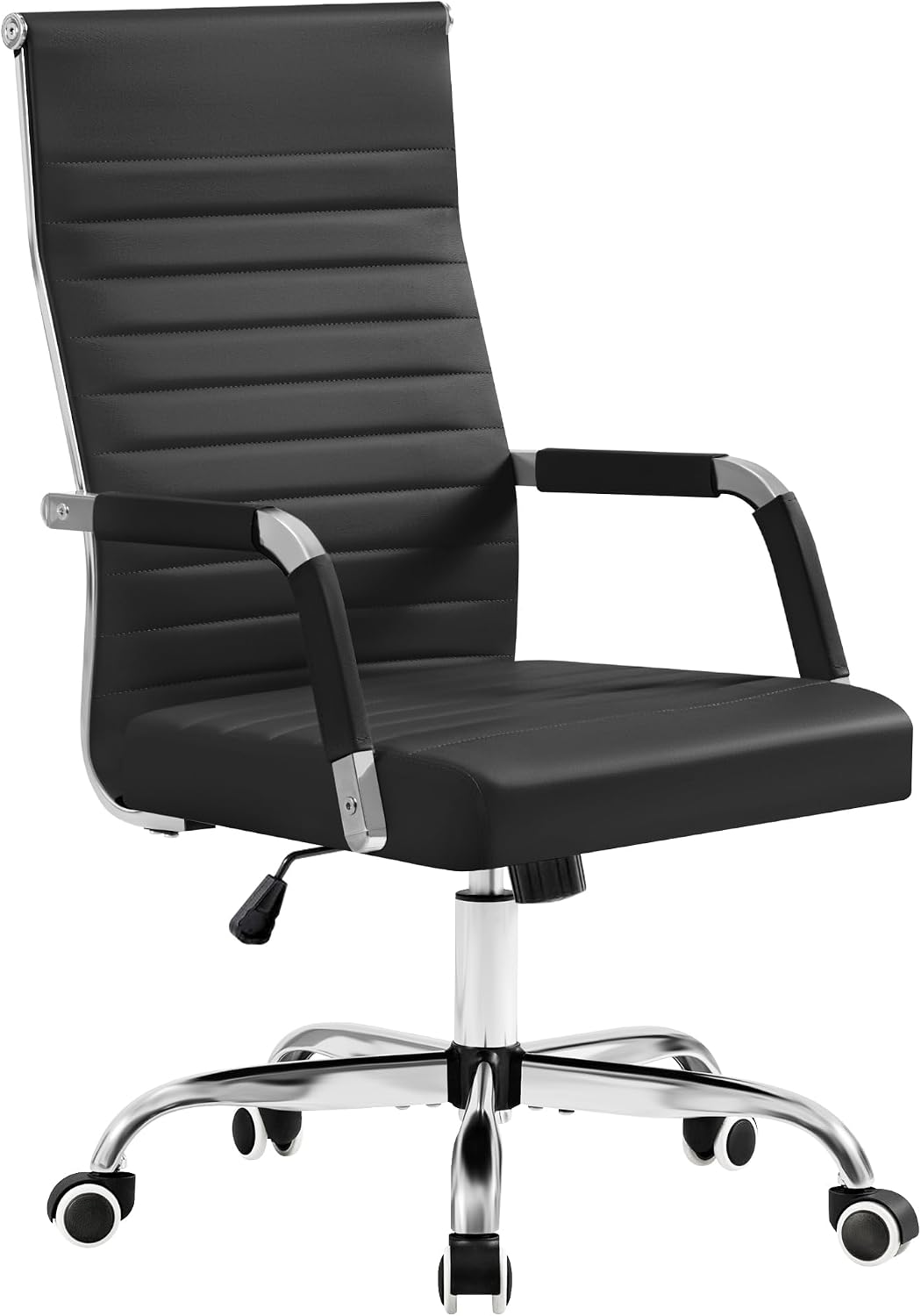 Furmax Ergonomic Office Desk Chair, Executive Ribbed Mid-Back PU Leather Conference Room Chair with Arms, Adjustable Swivel, Black, 1