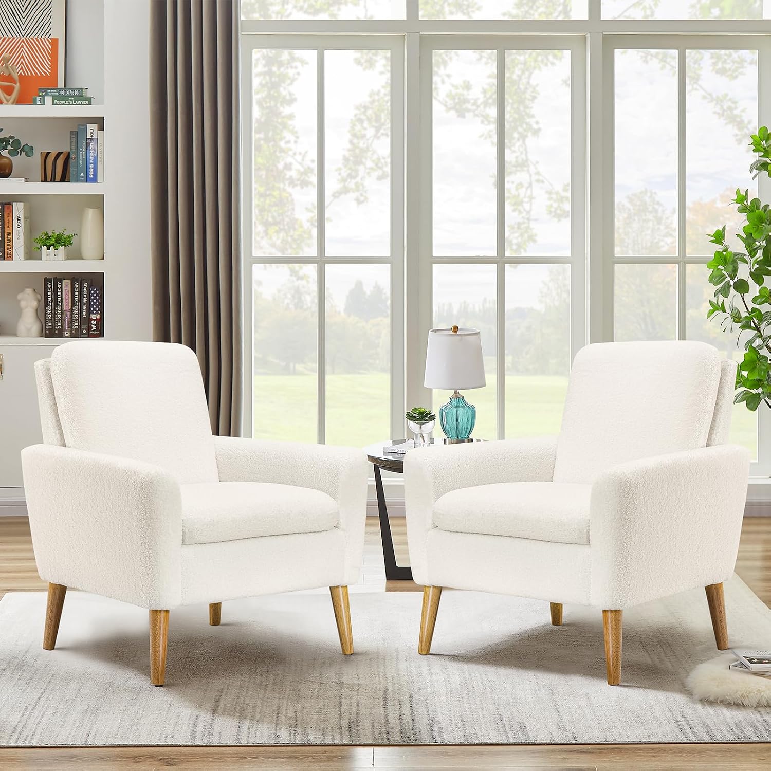 Set of 2 White Boucle Sherpa Accent Chairs with Wood Legs