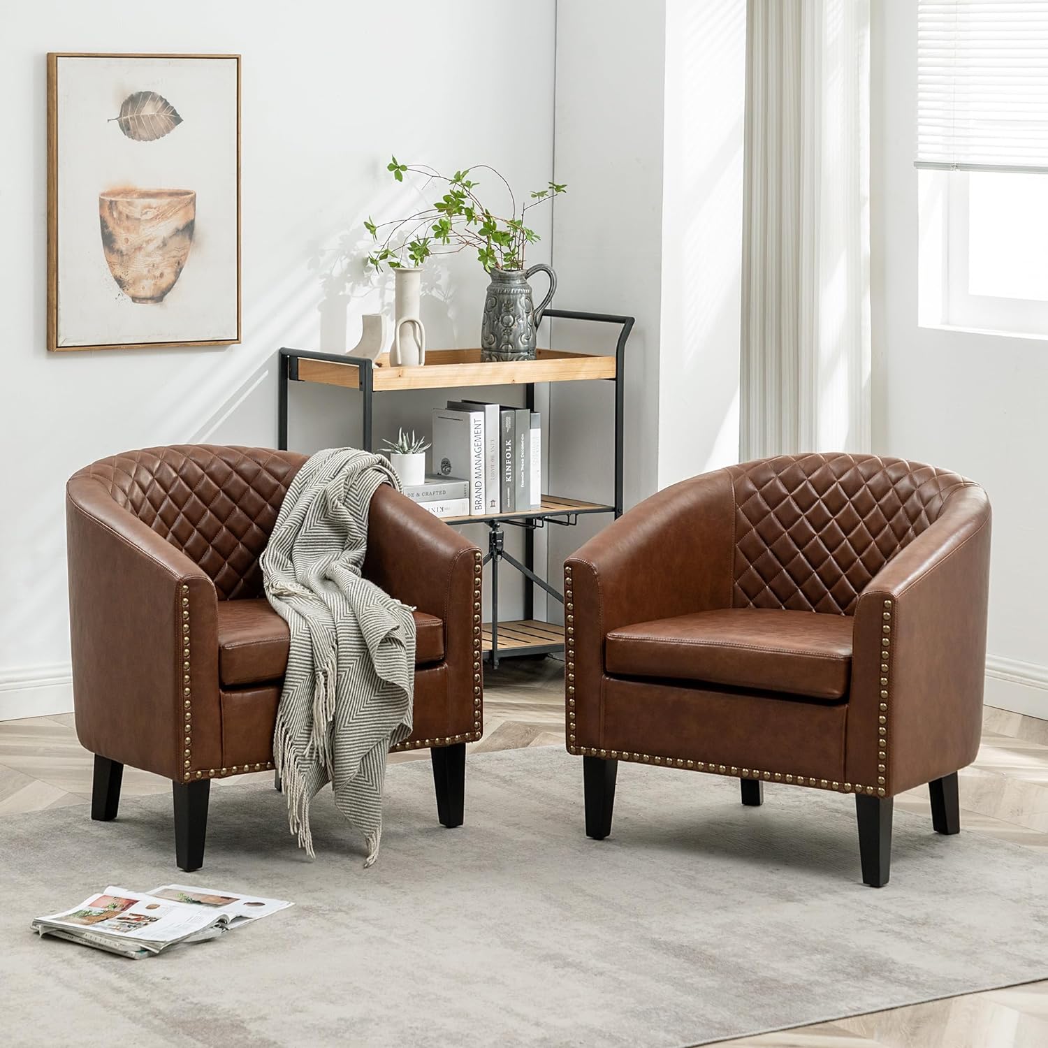 KINWELL 29" Brown Faux Leather Tufted PU Barrel Club Chairs, Set of 2