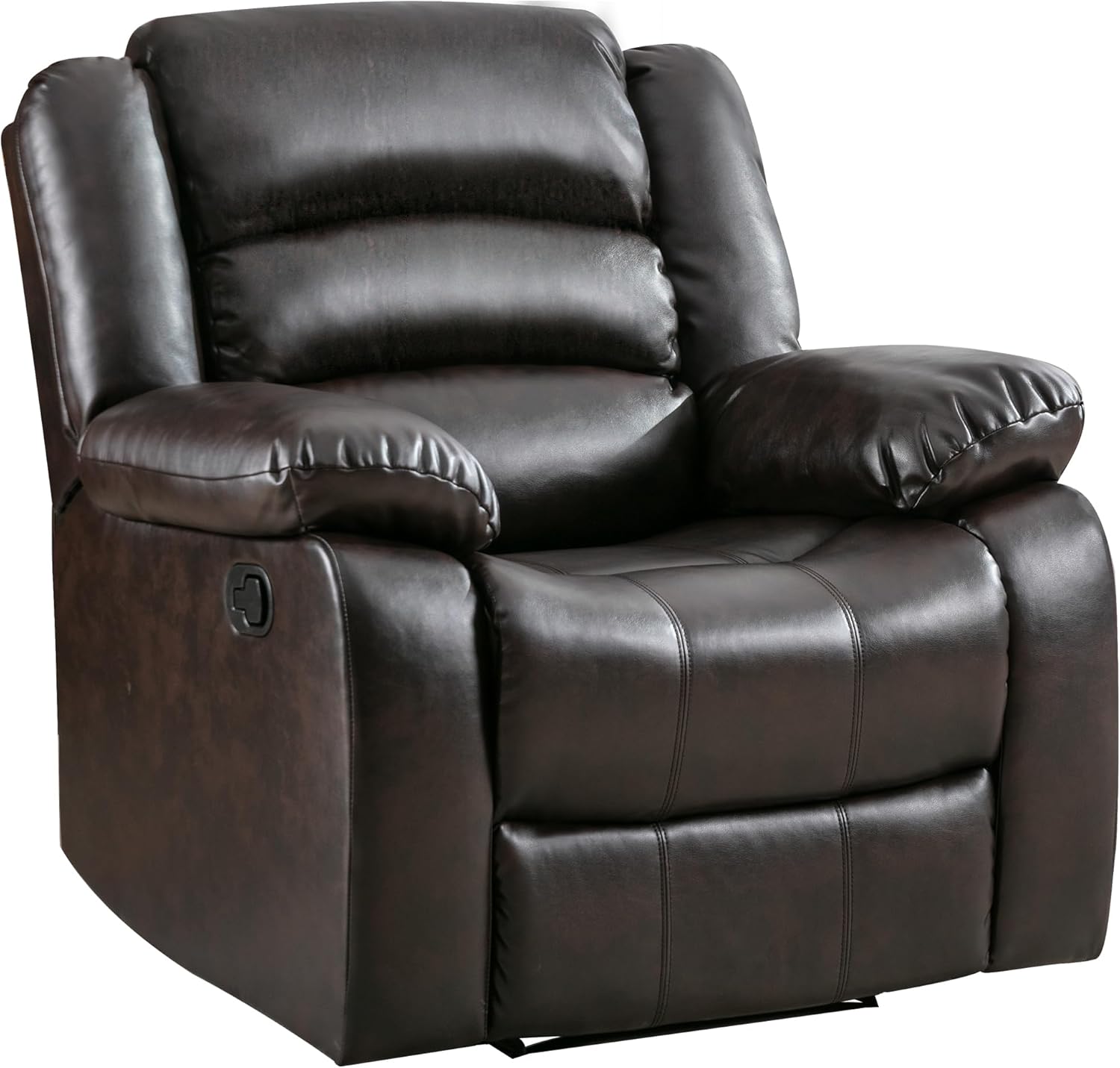 Manual Recliner Chair, Dark Brown Faux Leather, Overstuffed Arms and Back