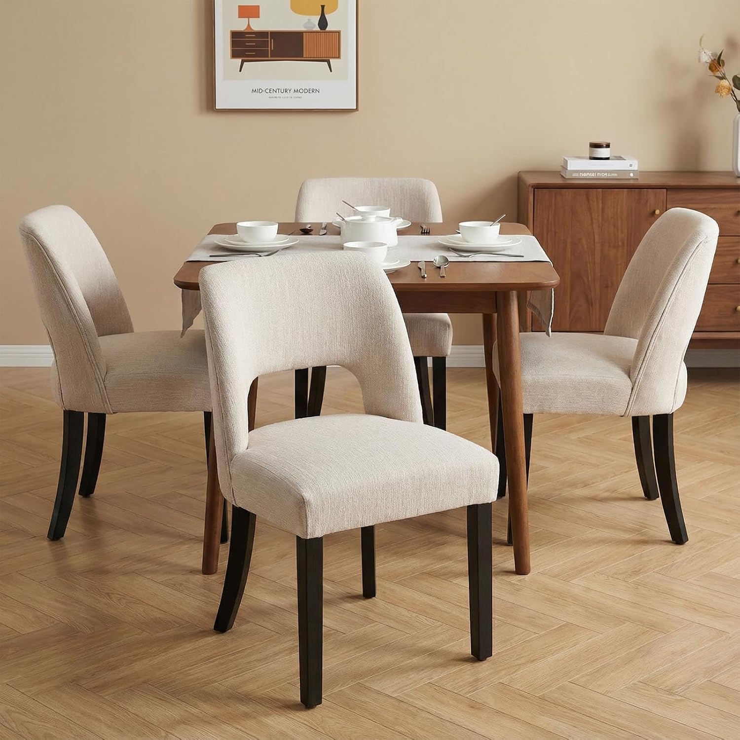 keoni Wooden Dining Chairs Set of 4, Beige Faux Linen Upholstered, Black Rubberwood Legs and Backrest, Mid-Century Modern Farmhouse Style
