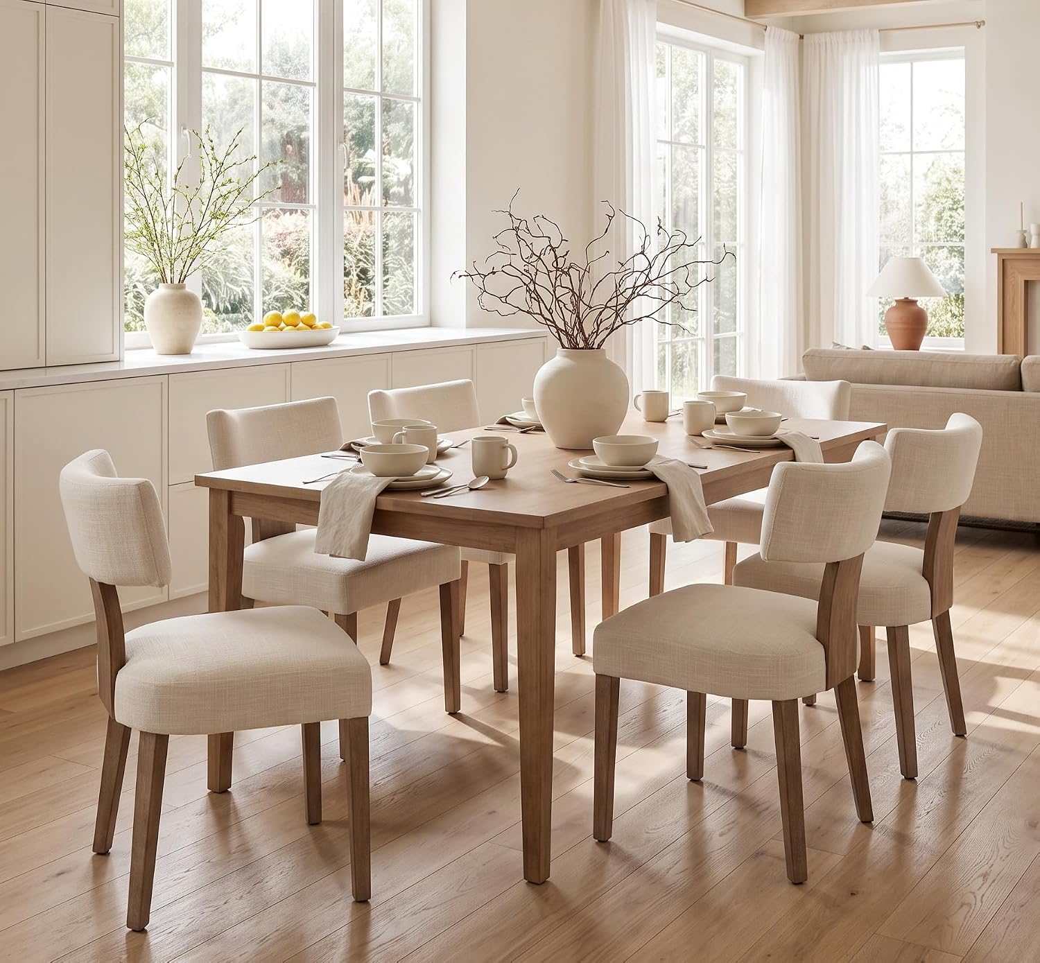 RIVOVA Mid-Century Modern Upholstered Linen Fabric Dining Chairs, Set of 6, Beige, Curved Backrest with Wood Legs