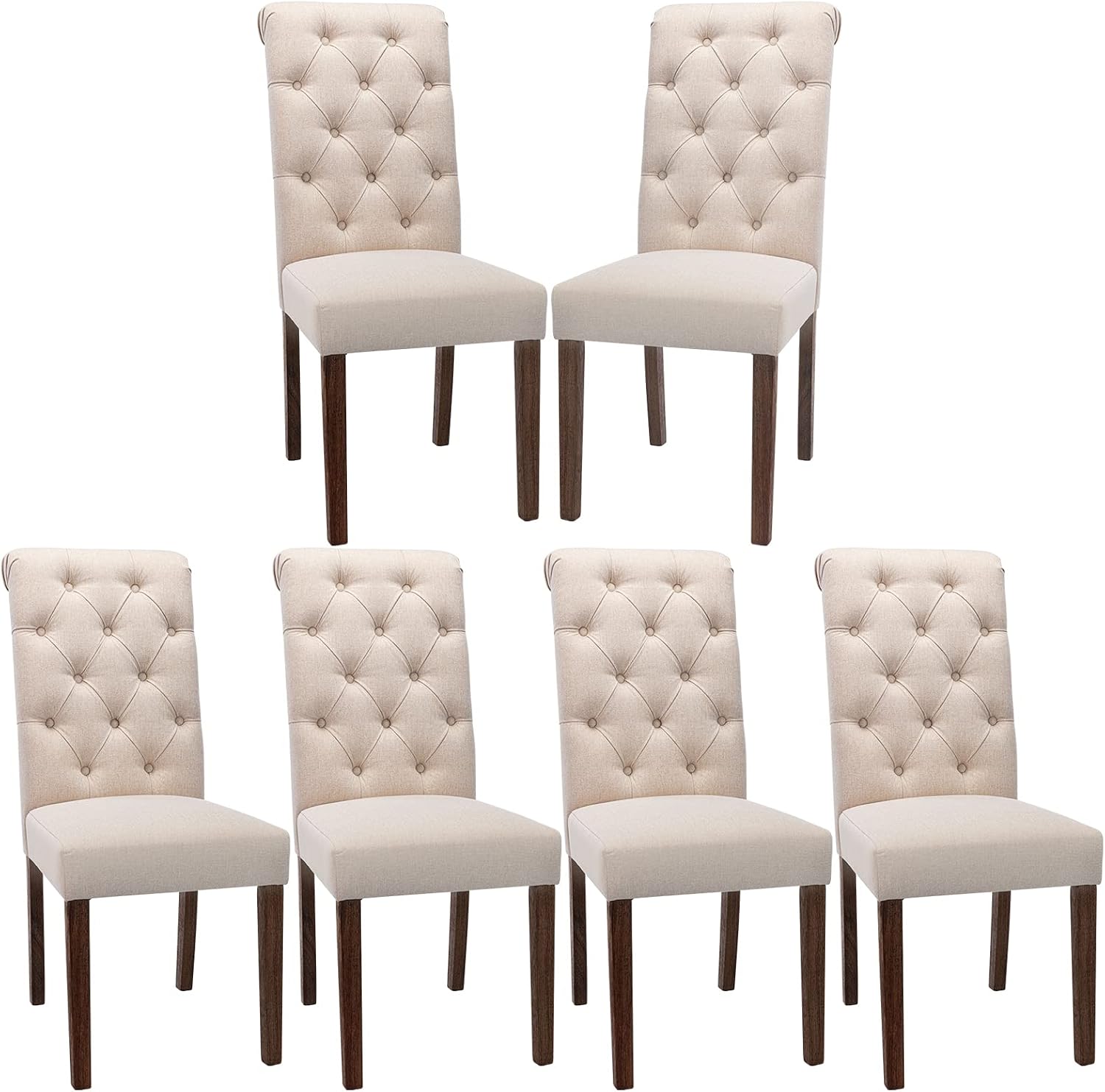 COLAMY Button-Tufted Upholstered Parsons Dining Chairs, Set of 6, Dark Beige, Solid Wood Legs