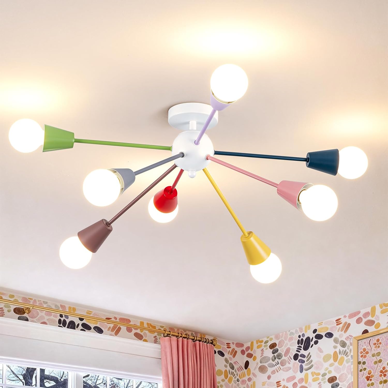 8-Light Colorful Sputnik Ceiling Light Fixture, Modern Chandelier, E26 Base, Dimmable, Semi-Flush Mount