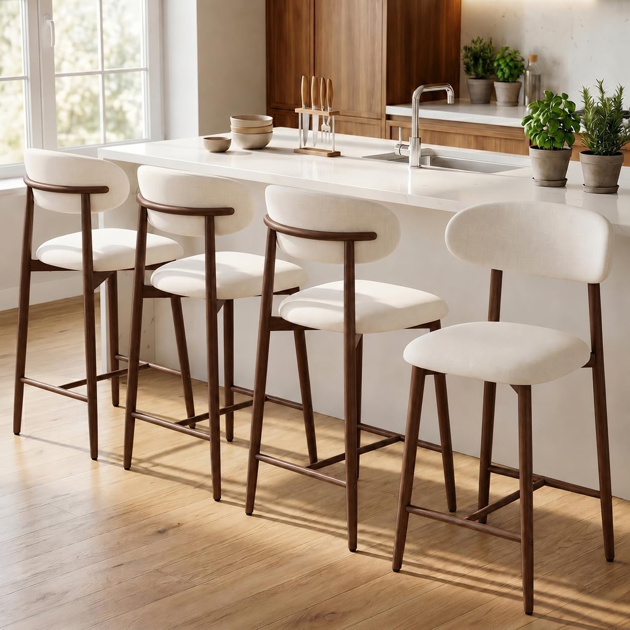 AQO Counter Height Bar Stools Set of 4, Upholstered, Modern, Metal Legs, Walnut