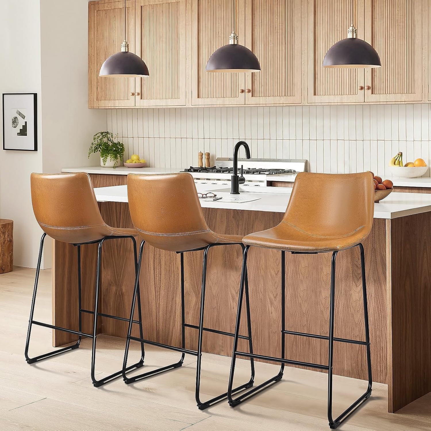 Waleaf 30-Inch Counter-Height Bar Stools, Set of 3, Faux Leather Bar Chairs