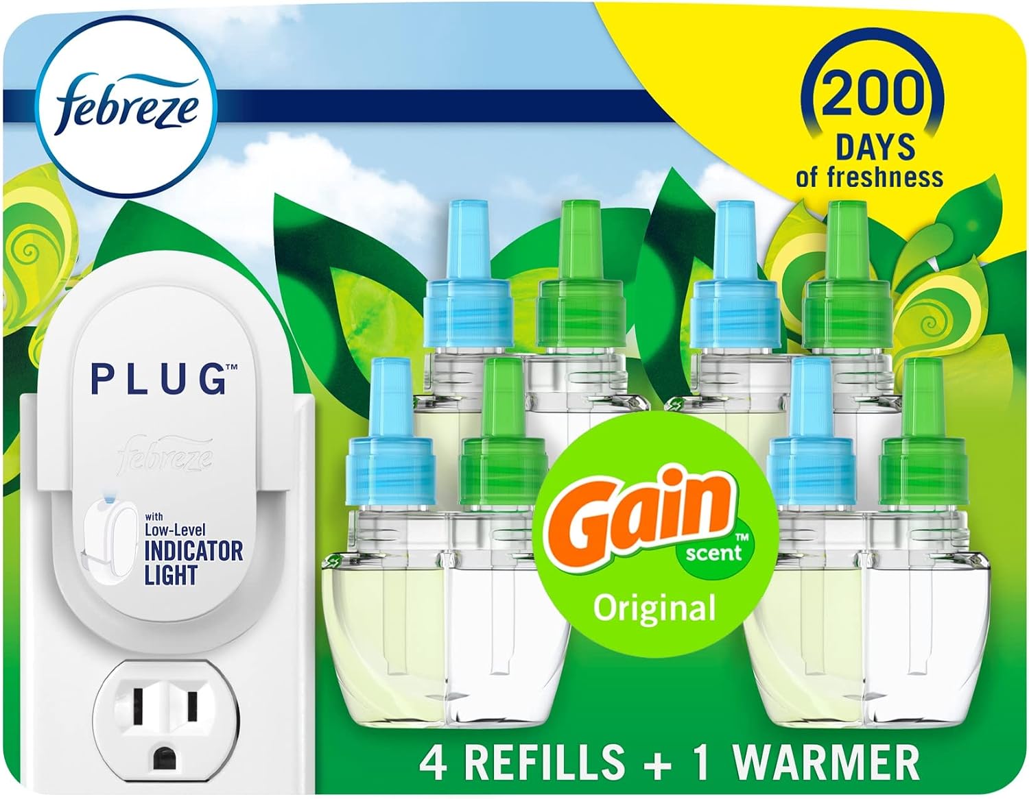 Febreze Plug-In Air Freshener Odor-Fighting Scented Oil Starter Kit, Gain Original Scent, Warmer + 4 Refills, Multicolor