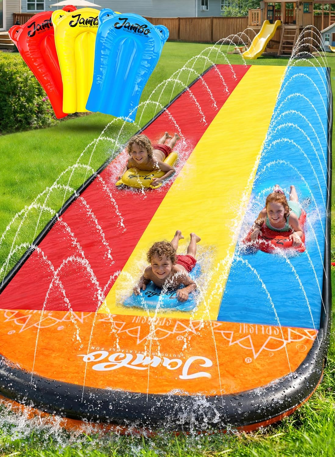 JAMBO Premium Triple Water Slide with 3 Bodyboards, 16-Ft Slip-and-Slide with Advanced 3-Way Sprinkler System