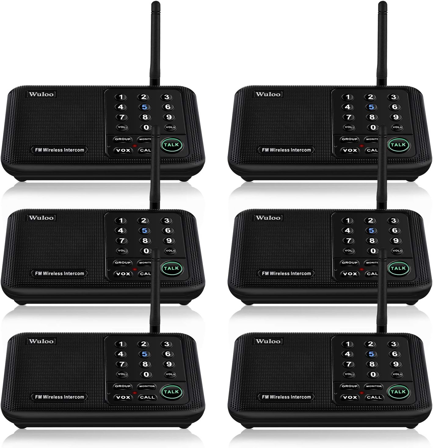 Wuloo Wireless Home Intercom System, 6-Pack, Black, 10 Channels, 3 Codes, 5,280-Foot Range