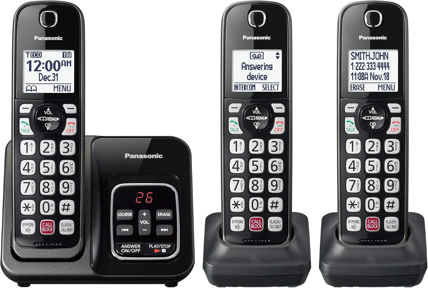 Panasonic KX-TGD833M Cordless Phone System with Answering Machine, 3 Handsets, Metallic Black