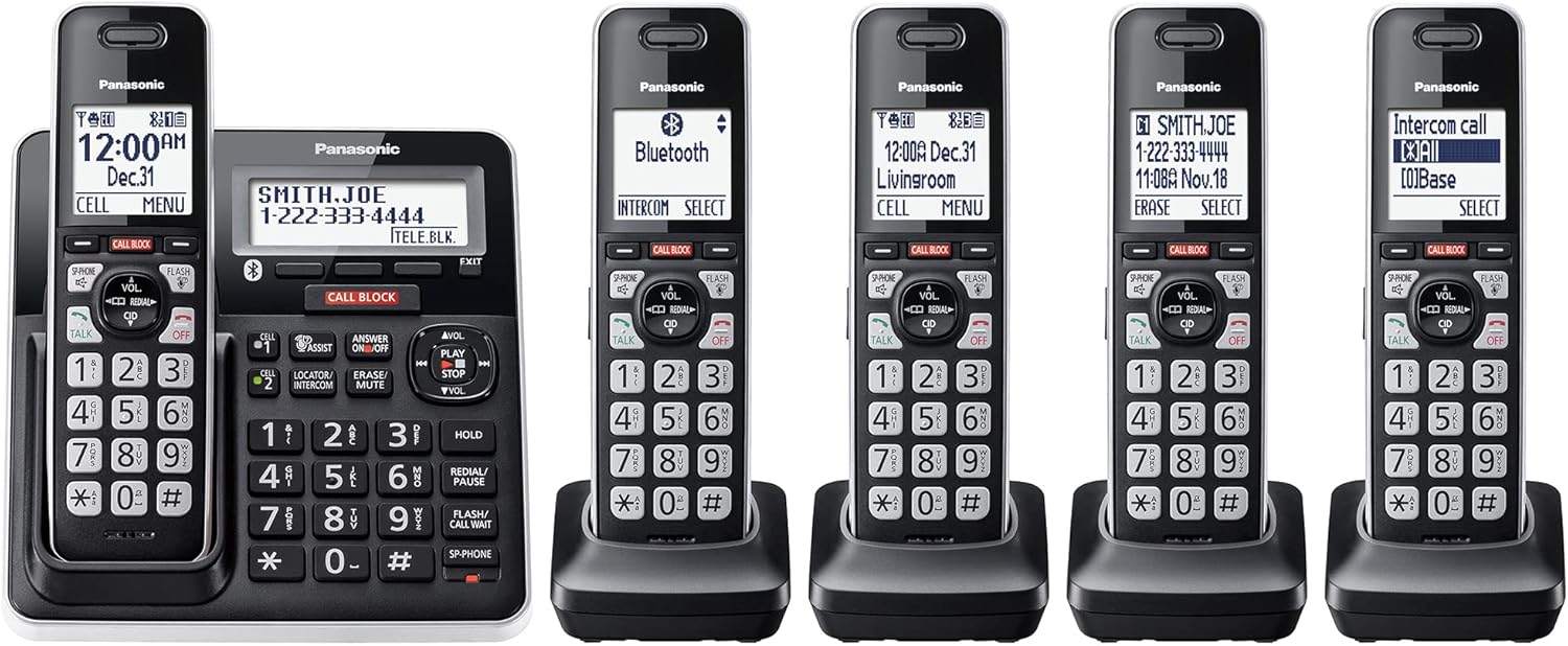 Panasonic KX-TGF975B Cordless Phone with Answering Machine, 5 Handsets, Black/Silver Trim