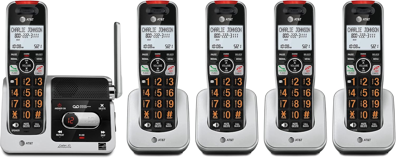 AT&T BL102-5 DECT 6.0 5-Handset Cordless Phone with Answering Machine, Silver/Black