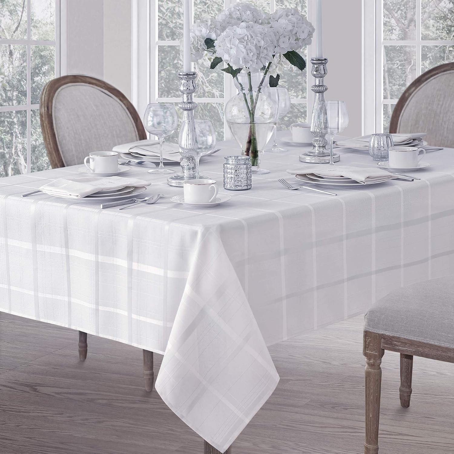 Newbridge 60 x 84 Inch Elegance Plaid Rectangle Tablecloth, White, 100% Polyester