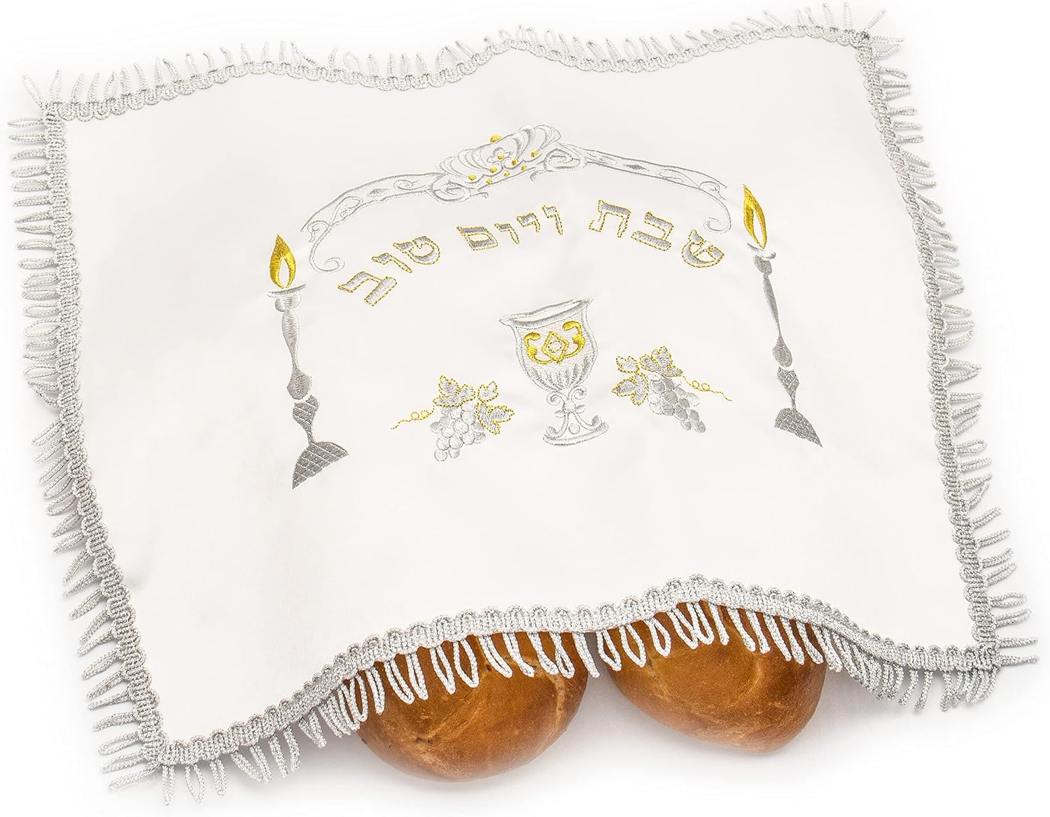 White Satin Challah Cover for Shabbat Bread, 20" x 16", Silver & Gold Embroidery, Silver