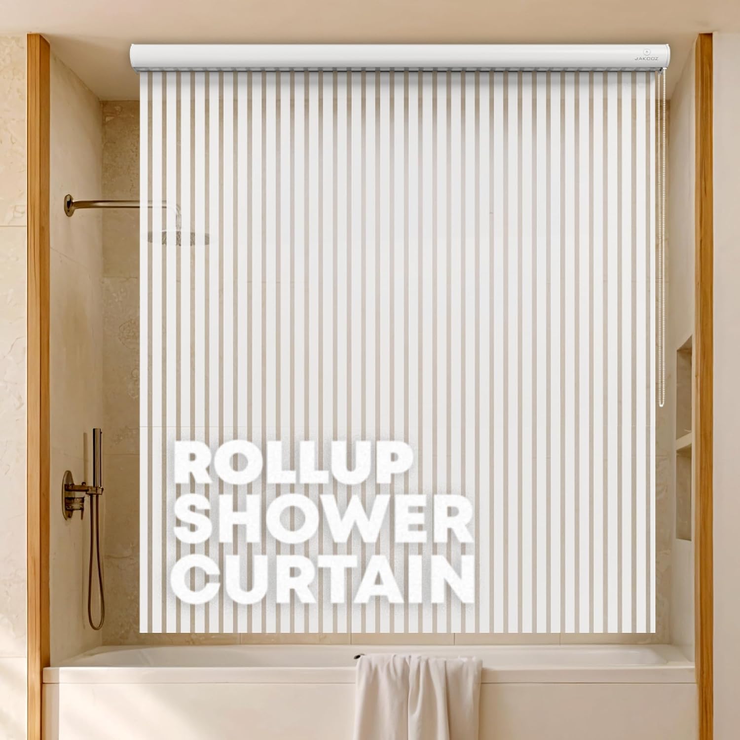 Jakooz Ceiling-Mounted Rollup Bathroom Shower Curtain/Liner, 56" Base, Up to 95" Long, Stripe