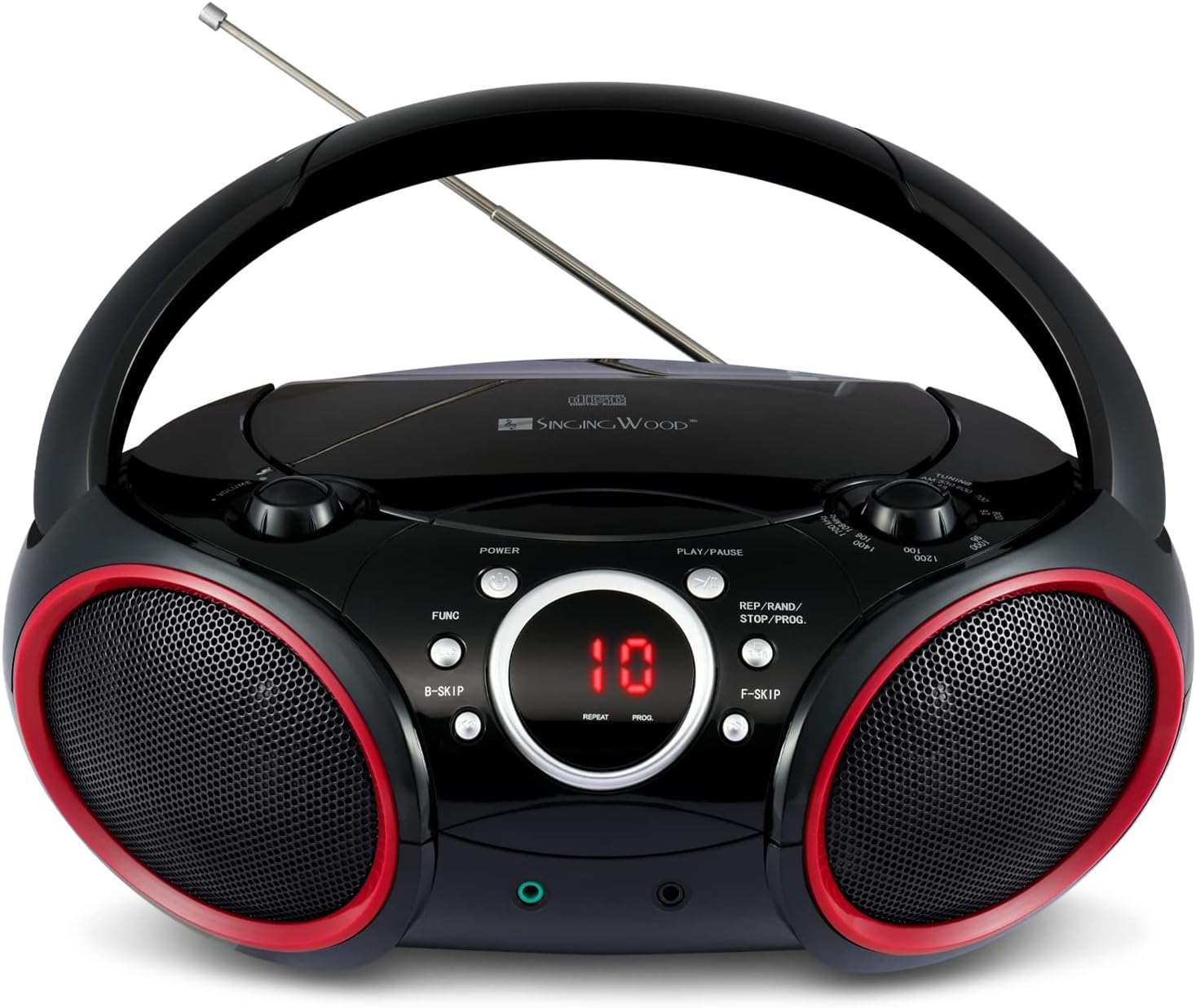 SINGING WOOD SBX030C Portable CD Player Boombox, Black with Red Rims