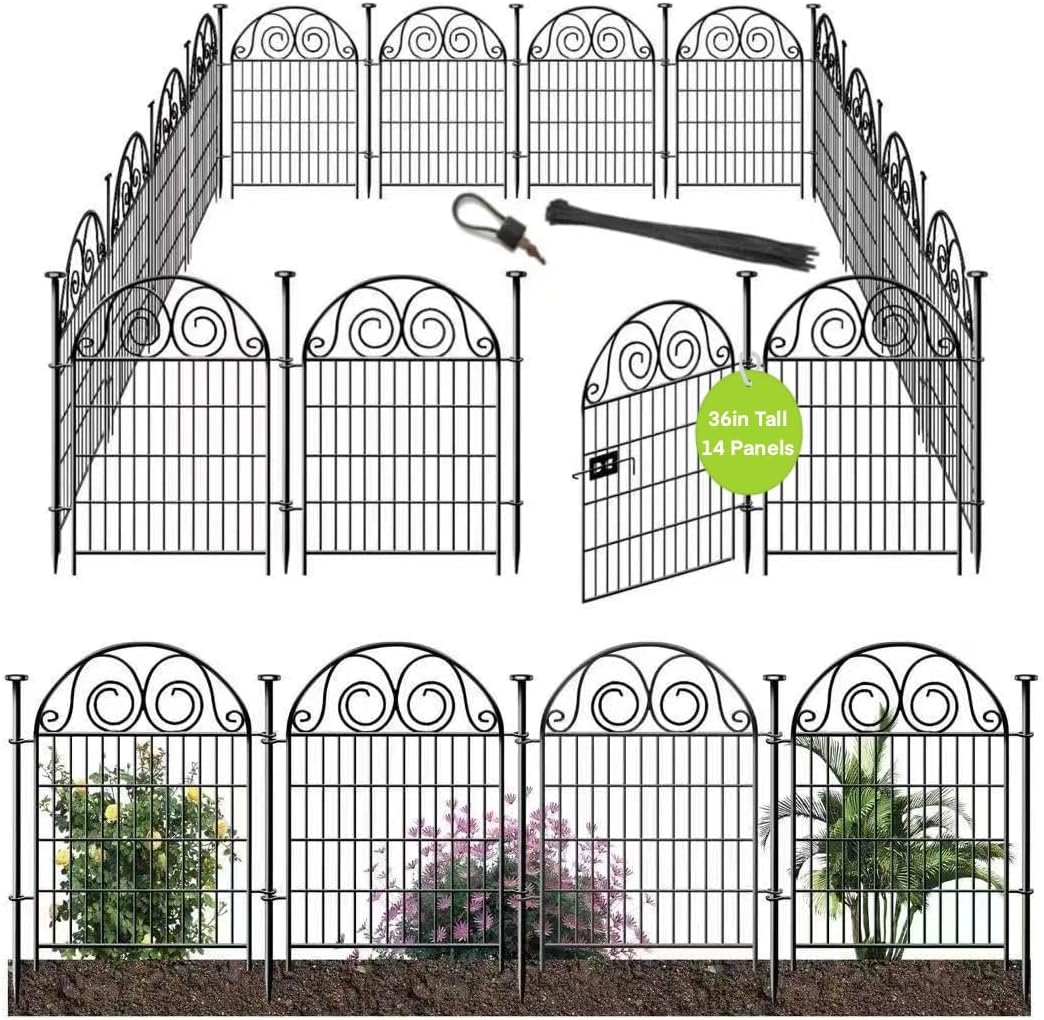 Getlay Tall Garden Animal Barrier Fence with Gate — 36 in (H) × 30.6 Ft (L), 14 Panels, Black Metal