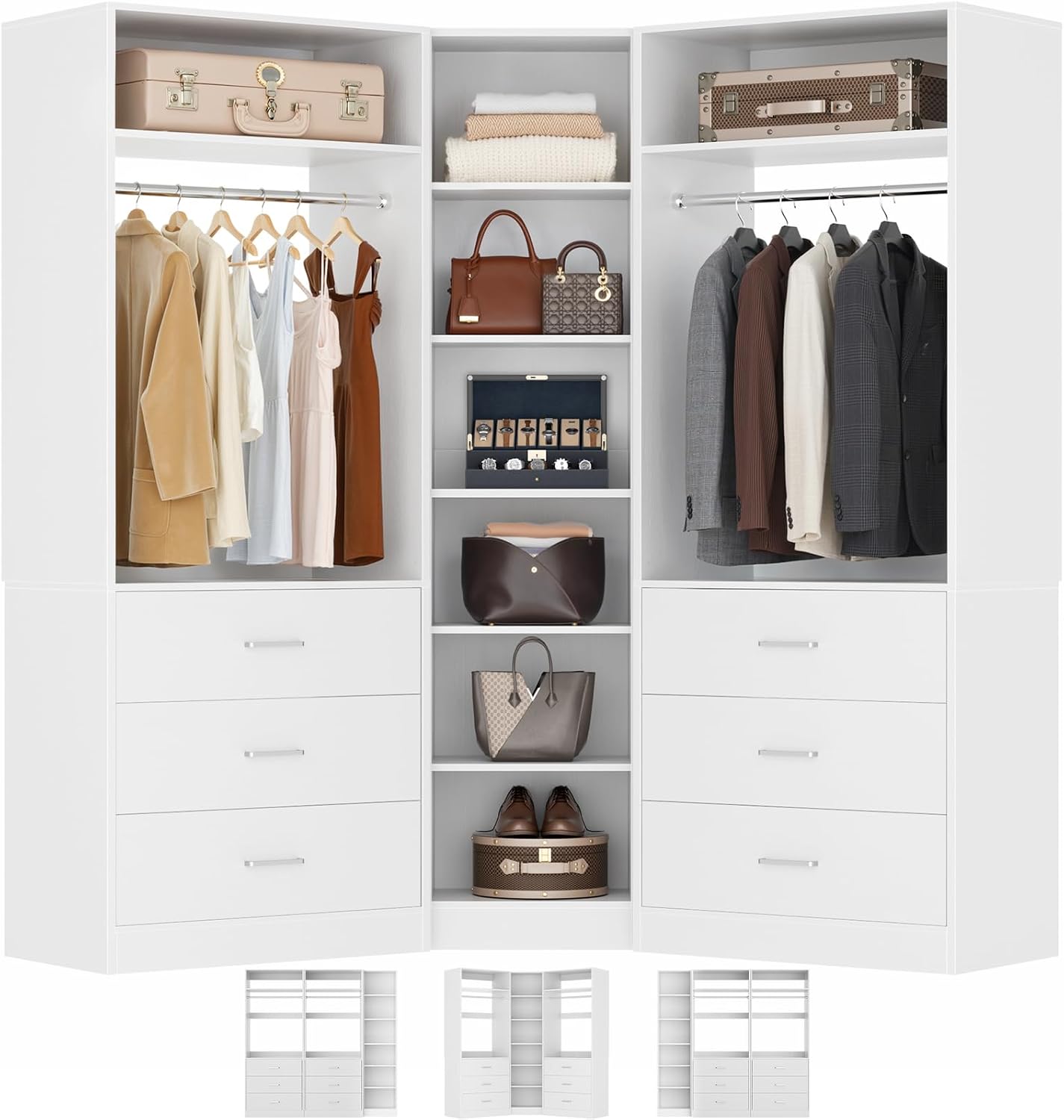 Besiost Corner Closet System with 6 Drawers and 10 Shelves
